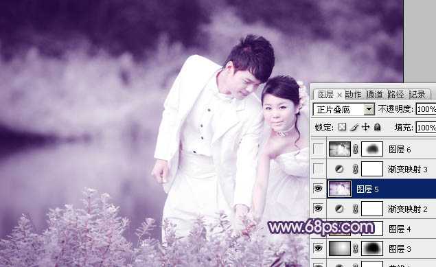 ‘Photoshop将外景婚片调成梦幻的淡紫色‘