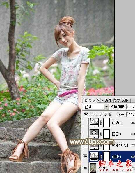 ‘Photoshop将花草边的美女调制出柔和的黄褐色‘