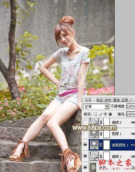 ‘Photoshop将花草边的美女调制出柔和的黄褐色‘