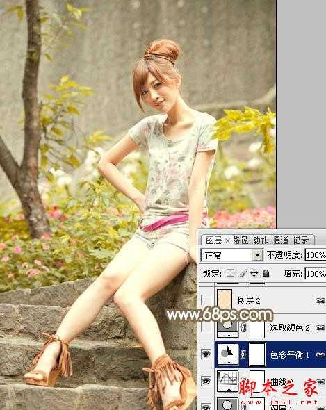 ‘Photoshop将花草边的美女调制出柔和的黄褐色‘
