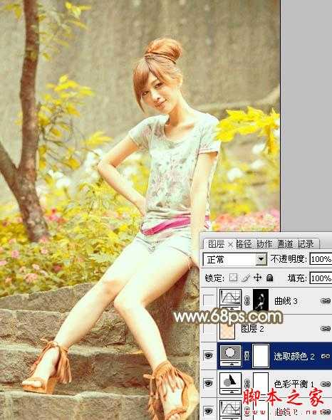 ‘Photoshop将花草边的美女调制出柔和的黄褐色‘