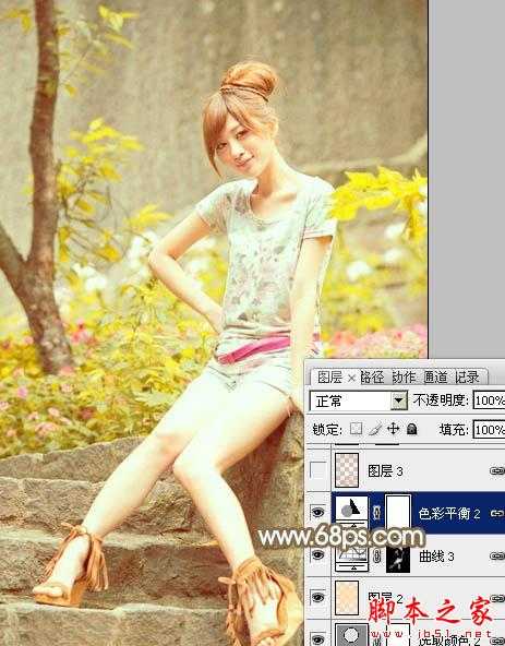 ‘Photoshop将花草边的美女调制出柔和的黄褐色‘