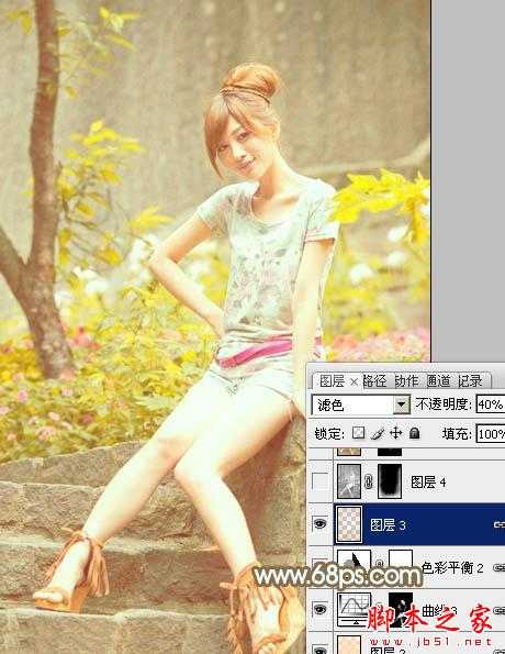 ‘Photoshop将花草边的美女调制出柔和的黄褐色‘