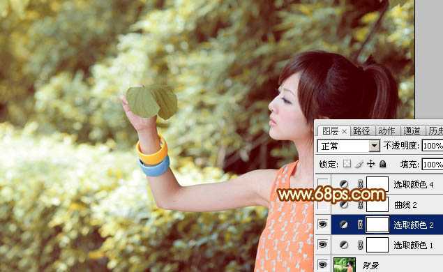 ‘Photoshop将绿树边的美女图片调出暖暖的唯美阳光色‘