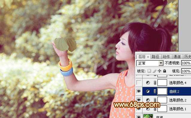 ‘Photoshop将绿树边的美女图片调出暖暖的唯美阳光色‘