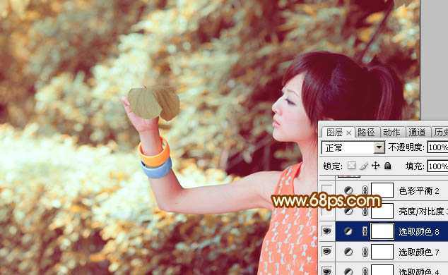 ‘Photoshop将绿树边的美女图片调出暖暖的唯美阳光色‘