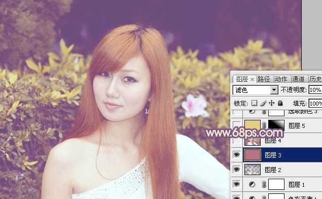 ‘photoshop为绿篱边的美女图片加上甜美的暖色‘