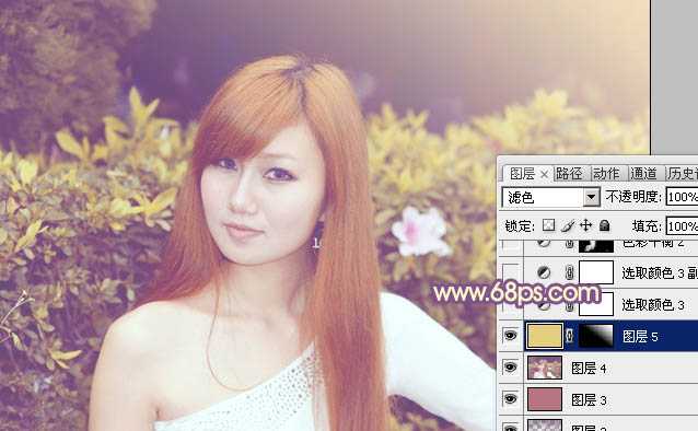‘photoshop为绿篱边的美女图片加上甜美的暖色‘