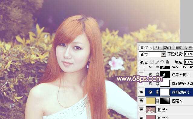 ‘photoshop为绿篱边的美女图片加上甜美的暖色‘