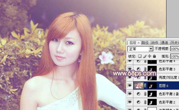 ‘photoshop为绿篱边的美女图片加上甜美的暖色‘