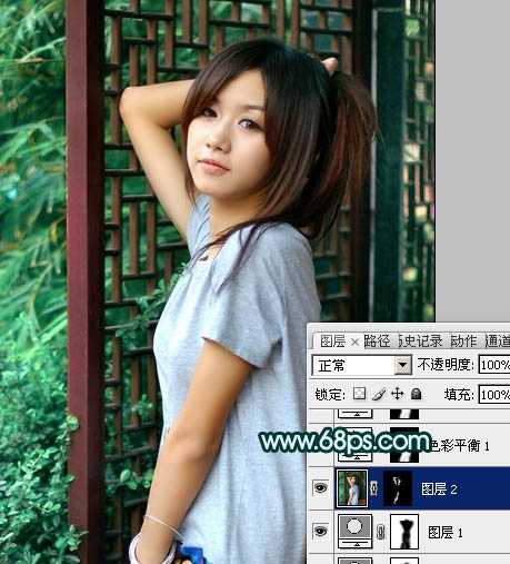 ‘Photoshop将美女图片调成古典暗青色‘