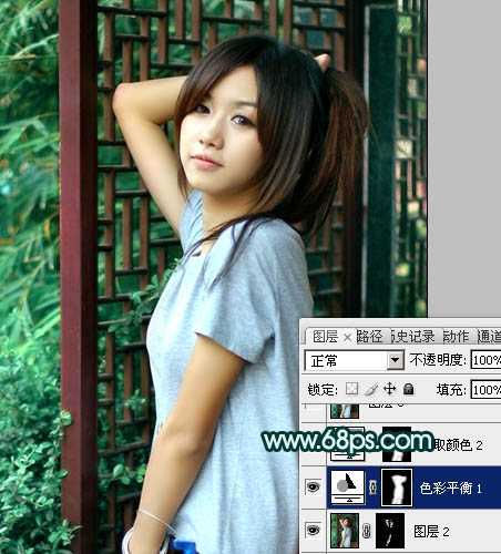 ‘Photoshop将美女图片调成古典暗青色‘