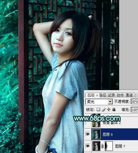 ‘Photoshop将美女图片调成古典暗青色‘