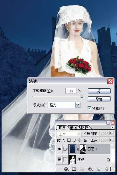 ‘photoshop利用灰色通道完美抠出穿婚纱的模特换背景‘