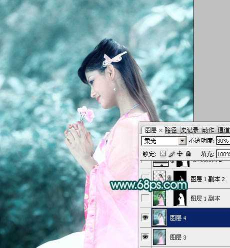 ‘Photoshop将古装人物图片调制出古典的淡青色背景‘