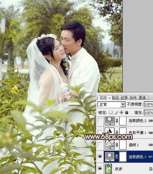 ‘Photoshop为树林婚片调制出柔和的古典黄绿色效果‘