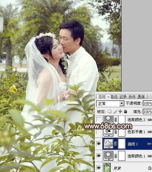 ‘Photoshop为树林婚片调制出柔和的古典黄绿色效果‘