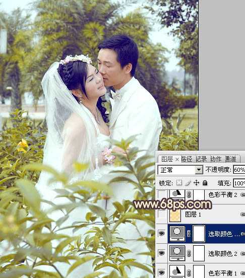 ‘Photoshop为树林婚片调制出柔和的古典黄绿色效果‘