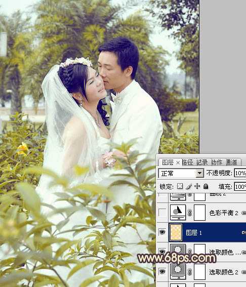 ‘Photoshop为树林婚片调制出柔和的古典黄绿色效果‘