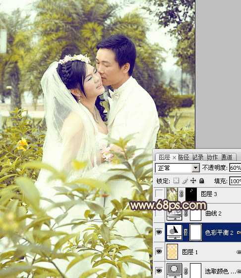 ‘Photoshop为树林婚片调制出柔和的古典黄绿色效果‘