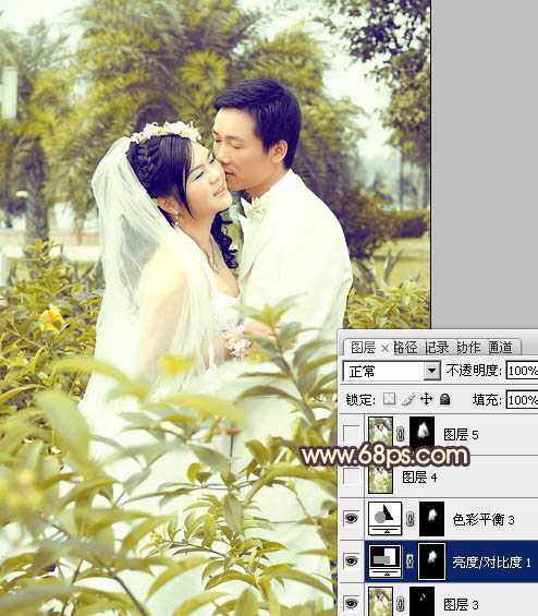 ‘Photoshop为树林婚片调制出柔和的古典黄绿色效果‘