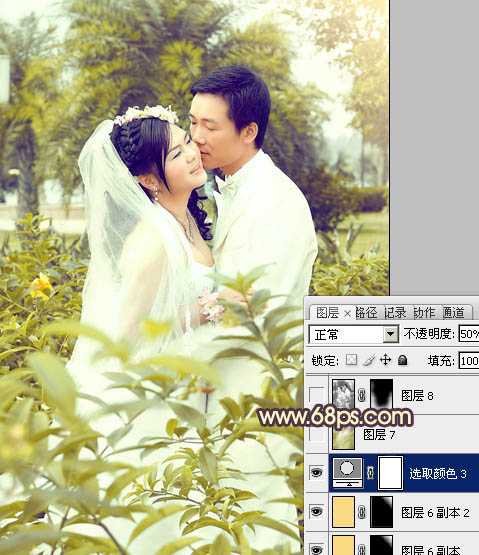 ‘Photoshop为树林婚片调制出柔和的古典黄绿色效果‘