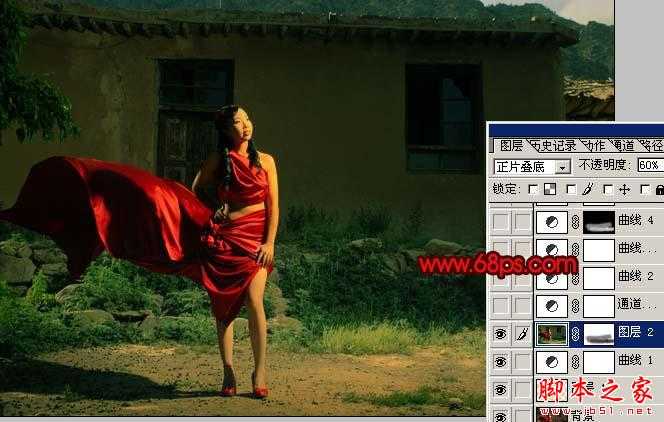 ‘Photoshop将外景人物照片调出强对比的暗红色舞台效果‘