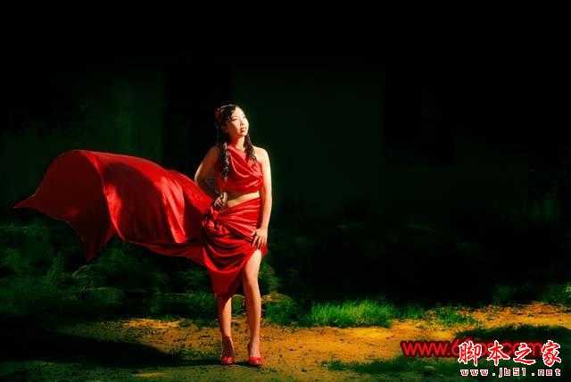 ‘Photoshop将外景人物照片调出强对比的暗红色舞台效果‘