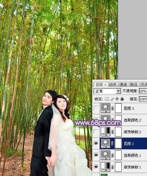 ‘Photoshop将竹林人物图片调成柔和的蓝紫色‘