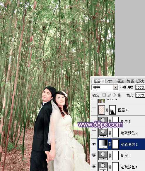 ‘Photoshop将竹林人物图片调成柔和的蓝紫色‘