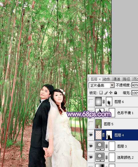 ‘Photoshop将竹林人物图片调成柔和的蓝紫色‘