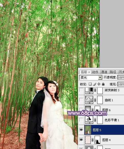 ‘Photoshop将竹林人物图片调成柔和的蓝紫色‘