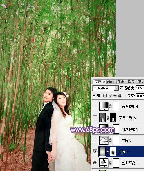 ‘Photoshop将竹林人物图片调成柔和的蓝紫色‘