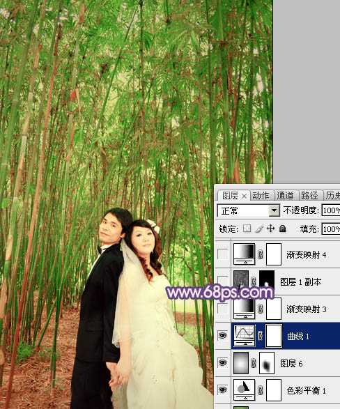 ‘Photoshop将竹林人物图片调成柔和的蓝紫色‘