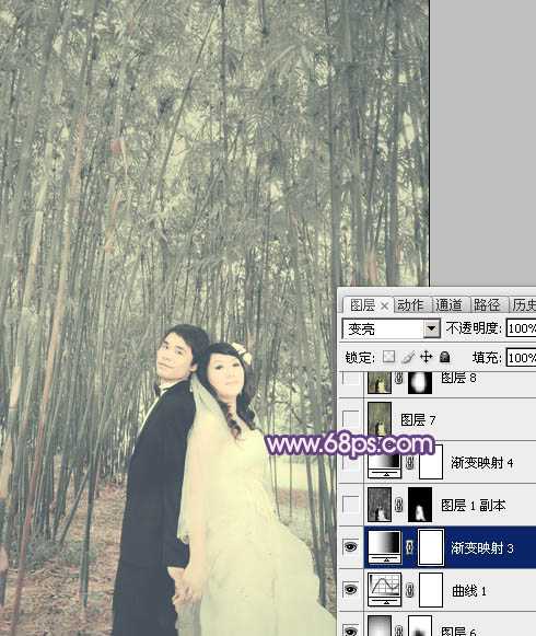 ‘Photoshop将竹林人物图片调成柔和的蓝紫色‘