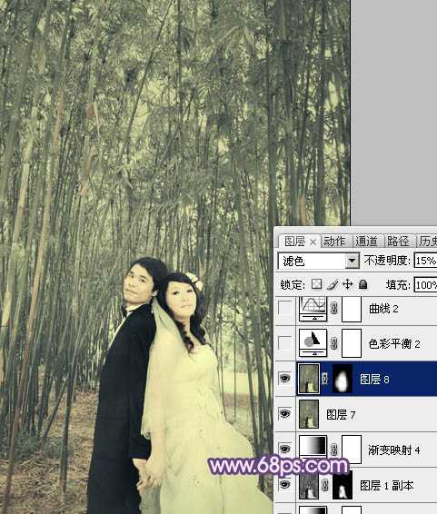 ‘Photoshop将竹林人物图片调成柔和的蓝紫色‘