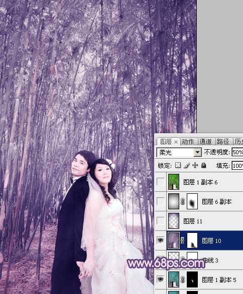 ‘Photoshop将竹林人物图片调成柔和的蓝紫色‘
