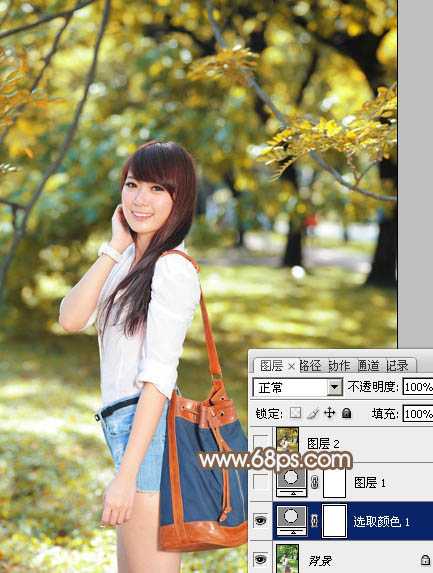 ‘Photoshop给公园中的美女加上小清新暖褐色‘