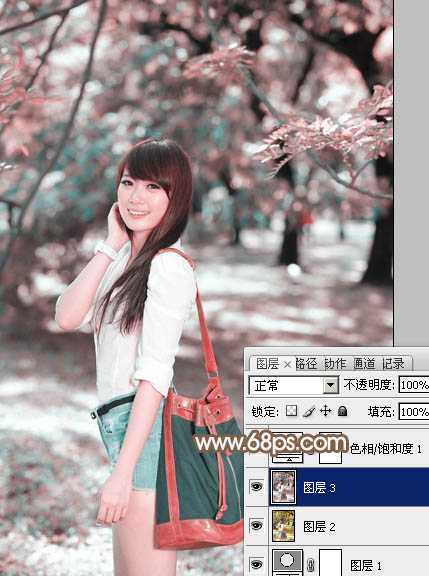 ‘Photoshop给公园中的美女加上小清新暖褐色‘