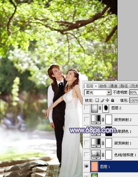 ‘Photoshop将偏暗的外景婚片调成梦幻的淡蓝色‘