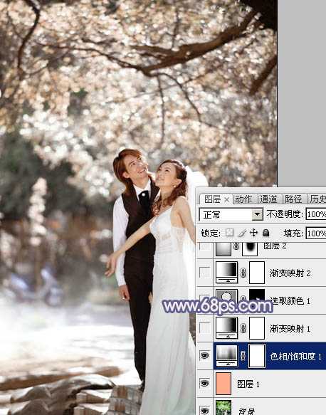 ‘Photoshop将偏暗的外景婚片调成梦幻的淡蓝色‘