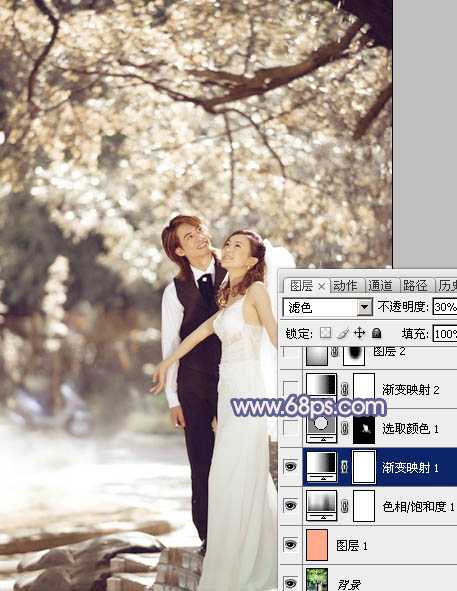 ‘Photoshop将偏暗的外景婚片调成梦幻的淡蓝色‘