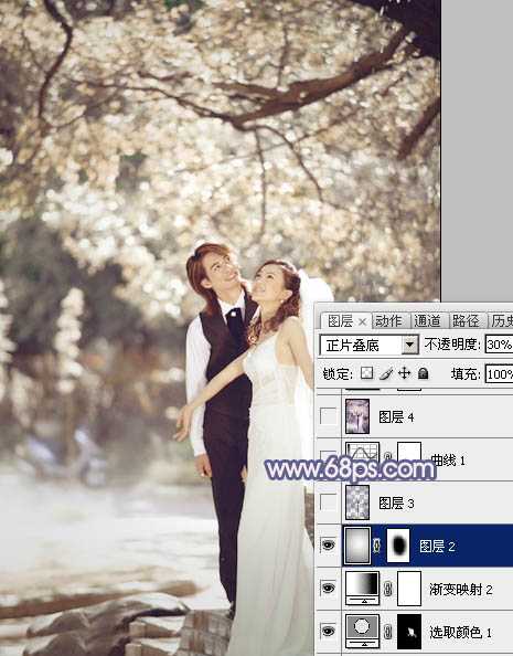 ‘Photoshop将偏暗的外景婚片调成梦幻的淡蓝色‘