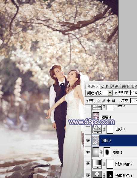 ‘Photoshop将偏暗的外景婚片调成梦幻的淡蓝色‘