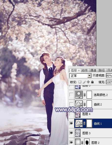 ‘Photoshop将偏暗的外景婚片调成梦幻的淡蓝色‘