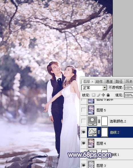 ‘Photoshop将偏暗的外景婚片调成梦幻的淡蓝色‘