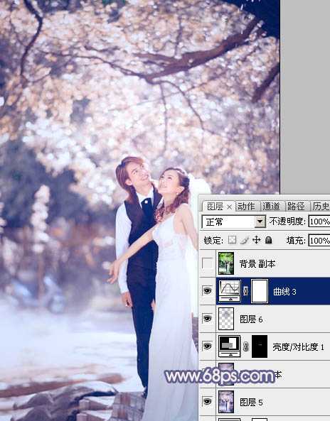 ‘Photoshop将偏暗的外景婚片调成梦幻的淡蓝色‘