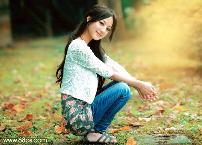 ‘Photoshop为外景美女图片打造甜美的秋季橙绿色‘