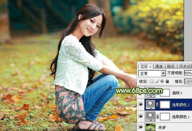 ‘Photoshop为外景美女图片打造甜美的秋季橙绿色‘