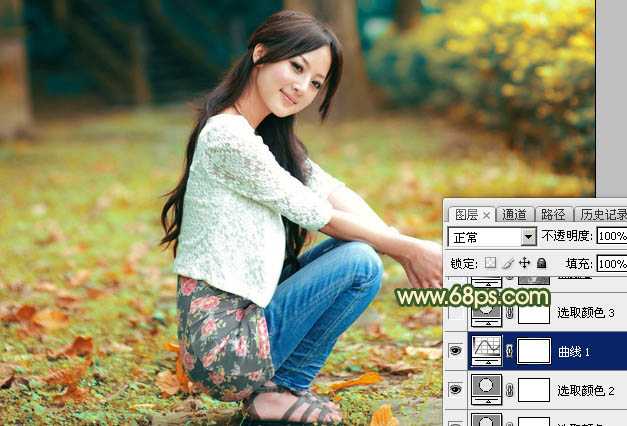 ‘Photoshop为外景美女图片打造甜美的秋季橙绿色‘